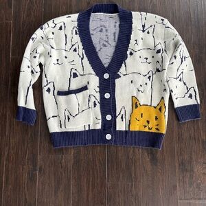 Cat Patterned Cardigan with Navy Trim